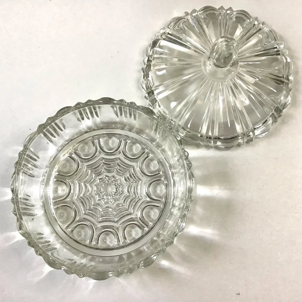 Vintage Anchor Hocking Old Cafe Clear Depression Glass Candy Dish with Lid 7”